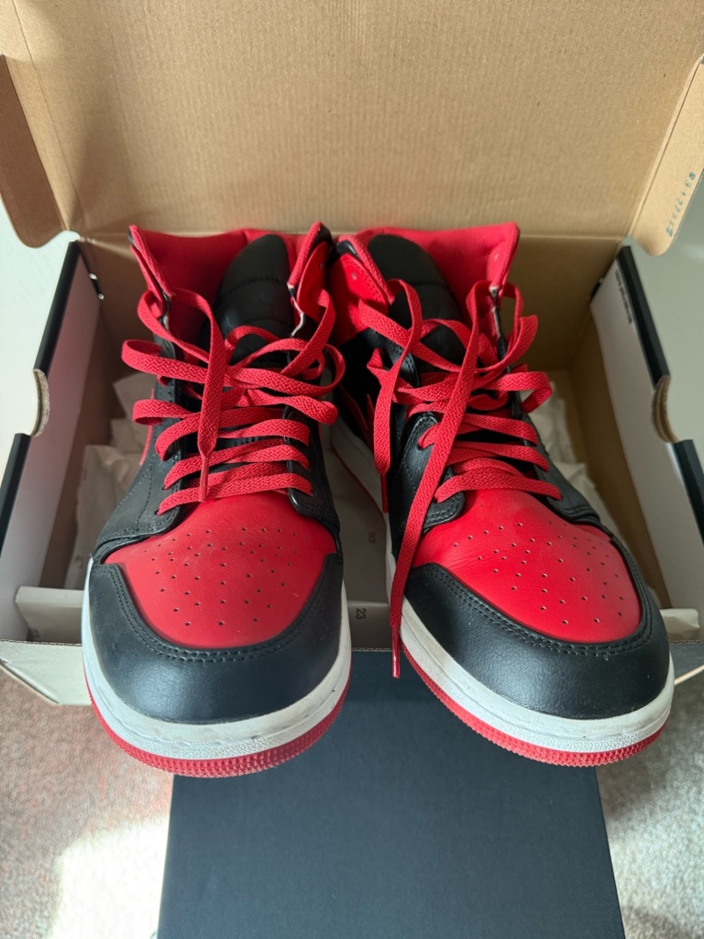 Jordan 1 Mid Nike Men’s Black and Red High-Top Sneakers - Picture 6 of 14